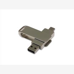 USB 2.0- флешка поворотный механизм 2 в 1, c дополнительным разъемом Type-C с одноцветным металлическим клипом